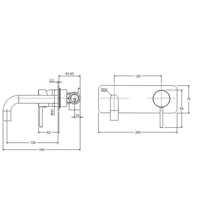 130mm Fienza Kaya Brushed Copper Stainless Steel Rectangular Plate Wall Basin/Bath Mixer