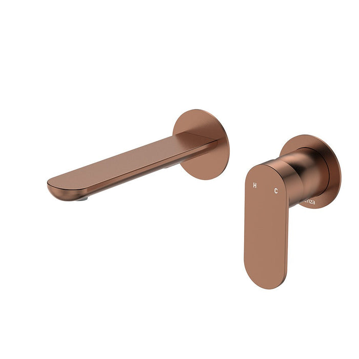 160mm Fienza Empire Brushed Copper Round Plate Slim Wall Basin/Bath Mixer