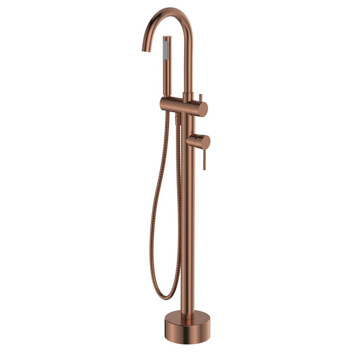 Fienza Kaya Brushed Copper Solid Brass Round Floor Mounted Bath Mixer With Hand Shower