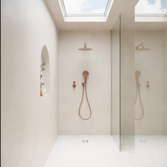 250mm Fienza Kaya Brushed Copper Stainless Steel Round Shower Arm Set
