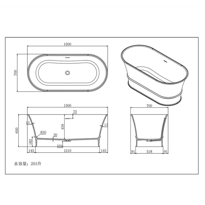 1500-1700*700/800*680mm Lukka Harold Oval Solid Surface Stone Freestanding Bathtub With Overflow