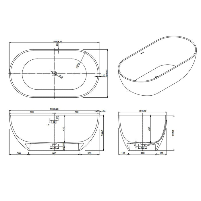 1400-1700*750/800*550mm Lukka Kirra Oval Solid Surface Stone Freestanding Bathtub With Overflow