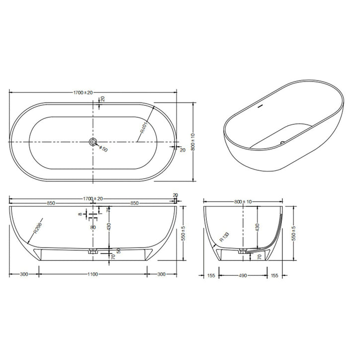 1400-1700*750/800*550mm Lukka Kirra Oval Solid Surface Stone Freestanding Bathtub With Overflow