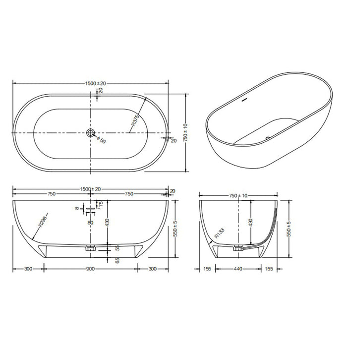 1400-1700*750/800*550mm Lukka Kirra Oval Solid Surface Stone Freestanding Bathtub With Overflow