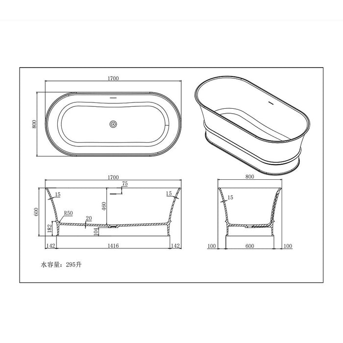 1500-1700*700/800*680mm Lukka Harold Oval Solid Surface Stone Freestanding Bathtub With Overflow