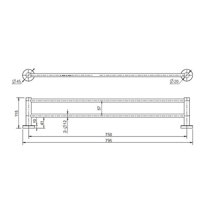 750mm Modernnational Mirage Solid Brass Round Double Towel Rail