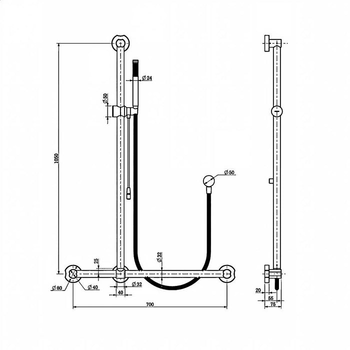 1050mm BK Care Round Stainless Steel Sliding Shower On Rail With Care Handle