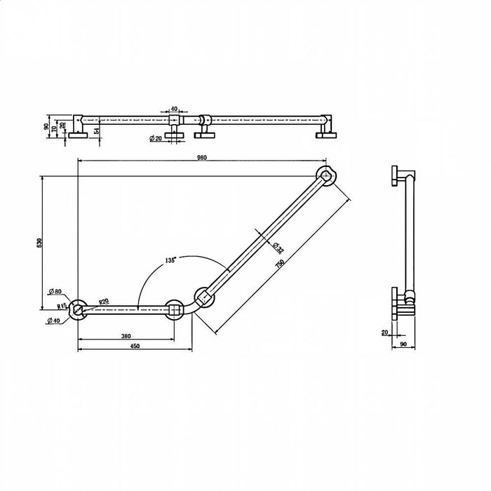 600*900mm BK Care Round Stainless Steel Universal Curve Up Grab Rail