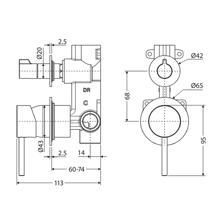 65mm Fienza Kaya Solid Brass Small Round Plate Wall Diverter Mixer