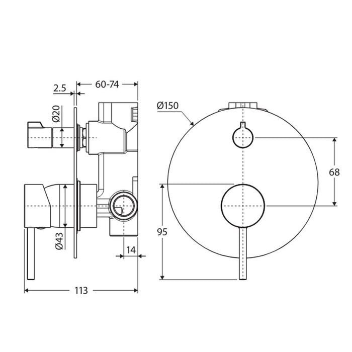100mm Fienza Kaya Solid Brass Large Round Plate Wall Diverter Mixer