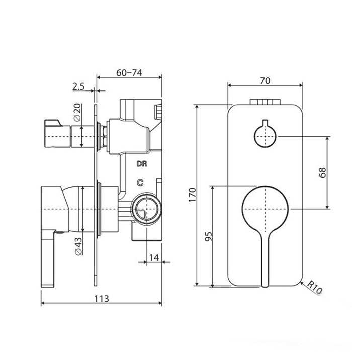 Fienza Sansa Solid Brass Rectangular Plate Wall Diverter Mixer