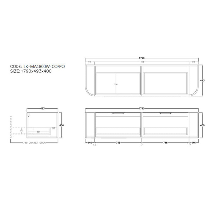 600-1800*500*400mm Lukka Agena Coastal Oak Wood Grain Fluted Bathroom Wall Hung Vanity