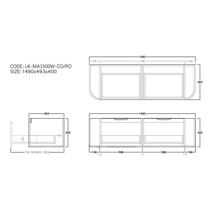 600-1800*500*400mm Lukka Agena Prime Oak Wood Grain Fluted Bathroom Wall Hung Vanity