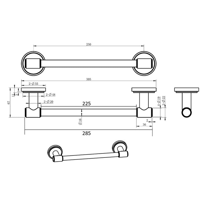 250mm BK Cambridge Guest Brass Round Single Towel Rail