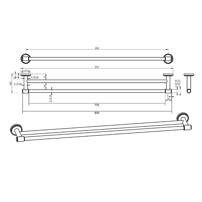 800mm BK Cambridge Brass Round Double Towel Rail