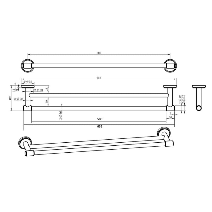600mm BK Cambridge Brass Round Double Towel Rail