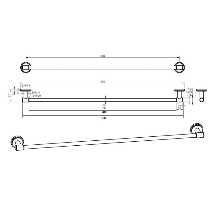 800mm BK Cambridge Brass Round Single Towel Rail