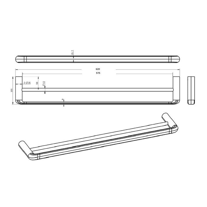 600mm BK BERLIN Brass Round Double Towel Rail