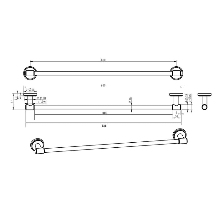 600mm BK Cambridge Brass Round Single Towel Rail