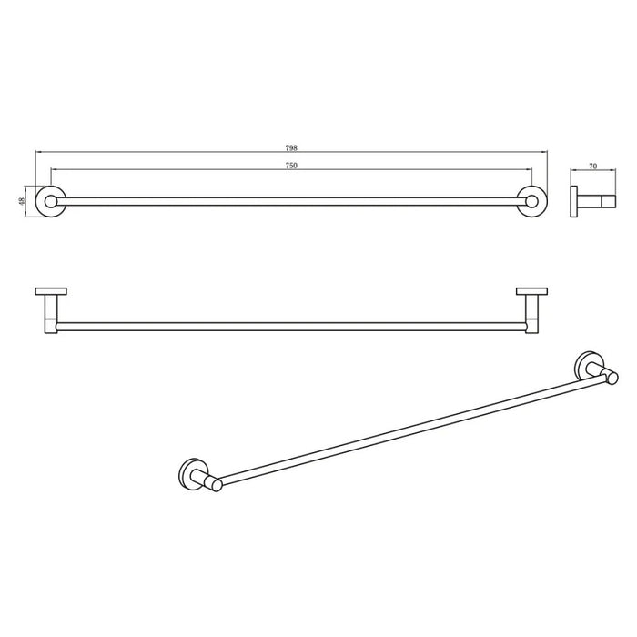 800mm Amoza Slimline Stainless Steel Single Round Towel Rail