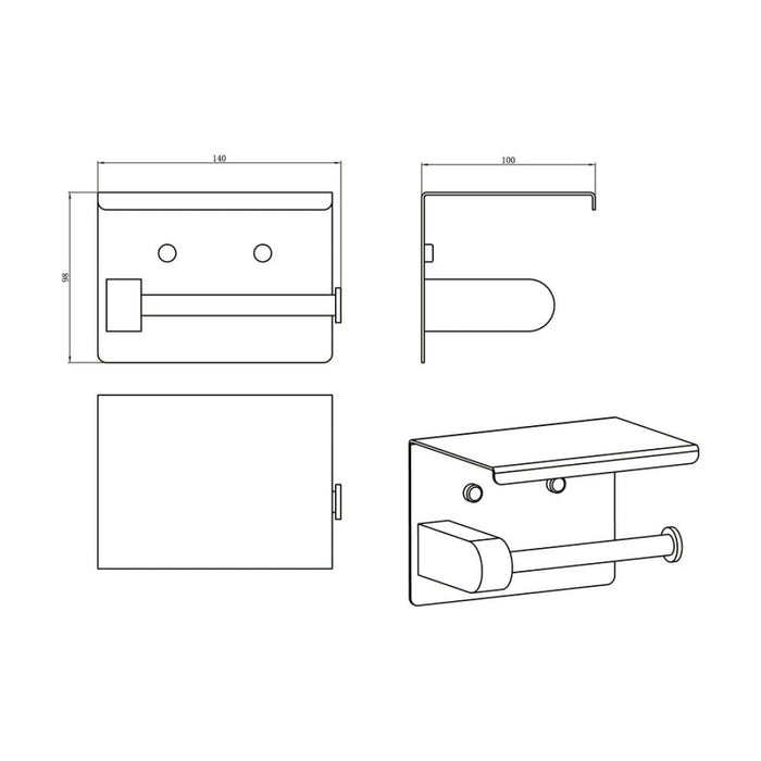 140mm Amoza Stainless Steel Single Square Toilet Roll Holder With Shelf