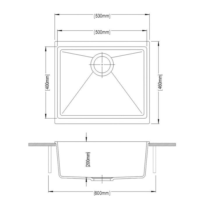530*460*220mm ACA Carysil Granite Square Single Bowl Kitchen Sink