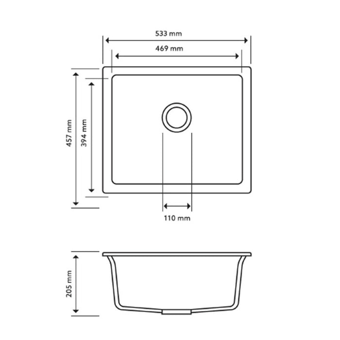 533*457*205mm ACA Carysil Granite Square Single Bowl Kitchen Sink