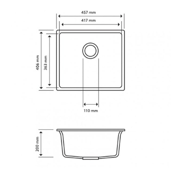 457*406*200mm ACA Carysil Granite Square Single Bowl Kitchen Sink