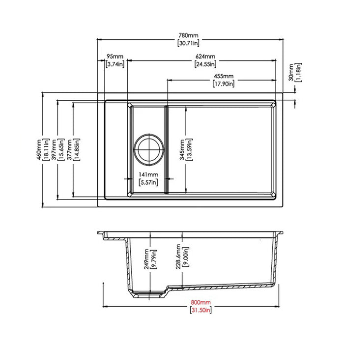 780*460*250mm ACA Carysil Harmony SD780 Granite Square Single Bowl Kitchen Sink