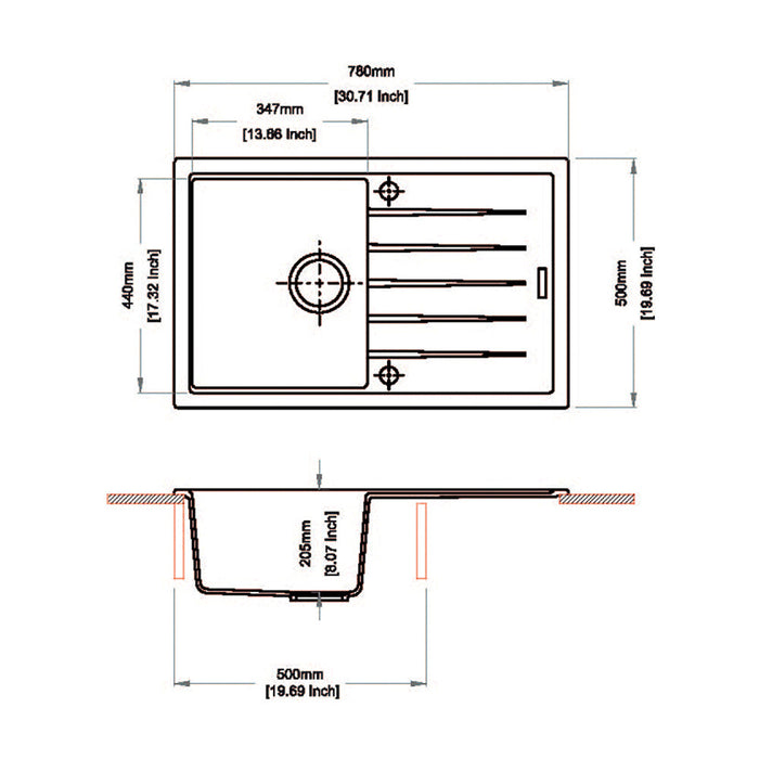 780*500*205mm ACA Carysil Vivaldi D100S Granite Square Single Bowl With Drain Board Kitchen Sink