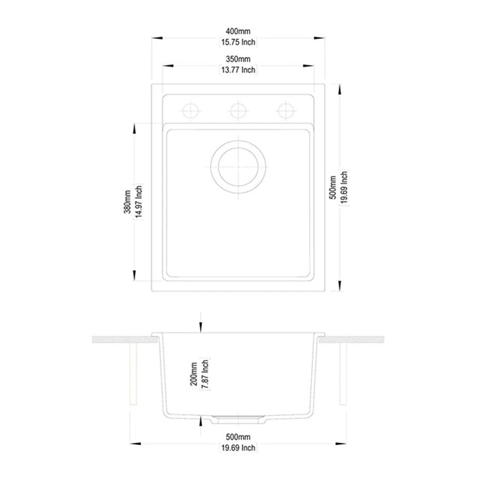 400*500*200mm ACA Carysil Waltz 400 Grainte Square Single Bowl Kitchen Sink