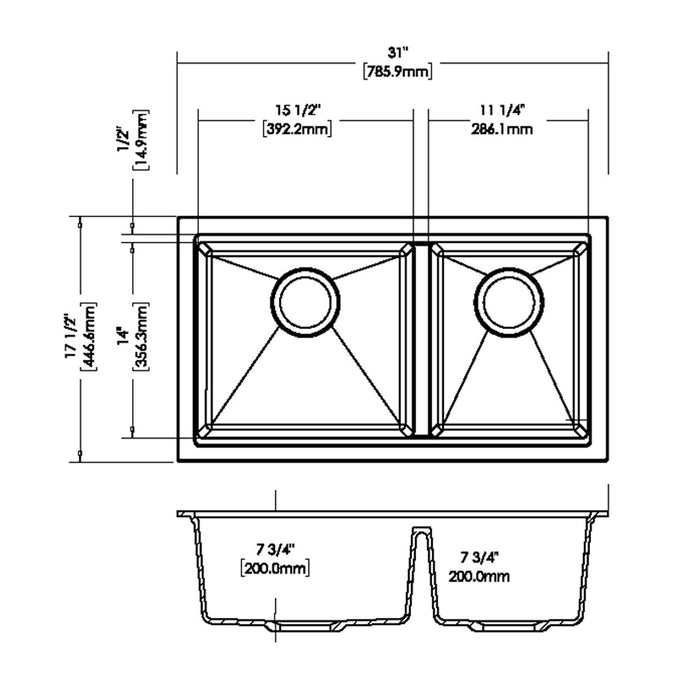 786*446*200mm ACA Carysil Maples 6040U Granite Square Double Bowl Kitchen Sink