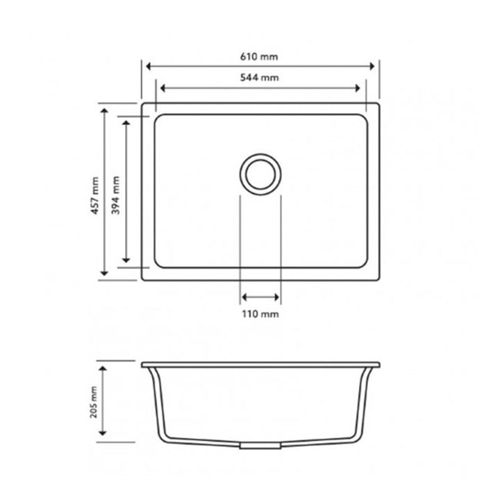 610*457*205mm ACA Carysil Granite Square Single Bowl Kitchen Sink