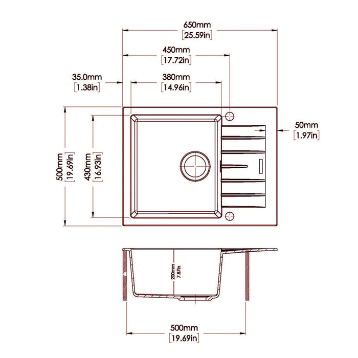 650*500*200mm ACA Carysil City D100N Granite Square Single Bowl With Drain Board Kitchen Sink