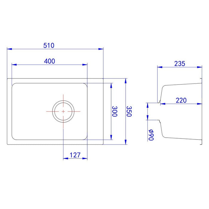 350*510*235mm Lukka Laufey Compact Square Single Bowl Granite Laundry/Bar Sink