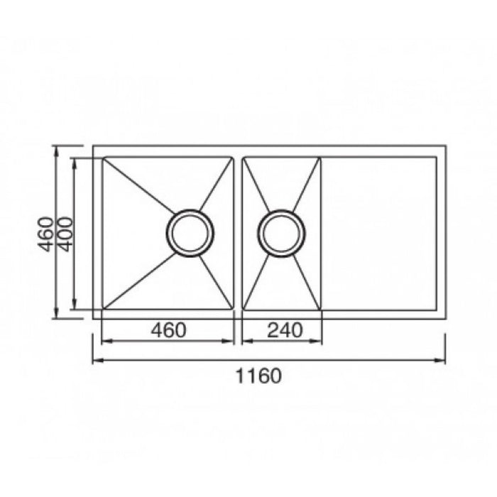 1160*460*200mm Roma 304 Stainless Steel Square Unequal Double Bowl With Drain Board Kitchen Sink