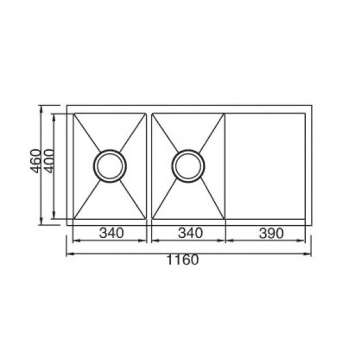 1160*460*200mm Roma 304 Stainless Steel Square Double Bowl With Drain Board Kitchen Sink