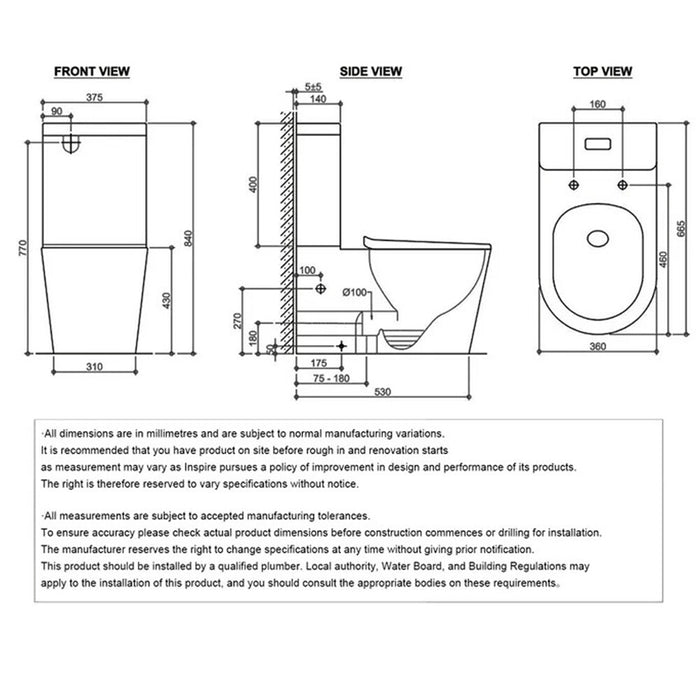 665*430*840mm Inspire Feanza Ceramic Gloss White Tornado Back To Wall Toilet