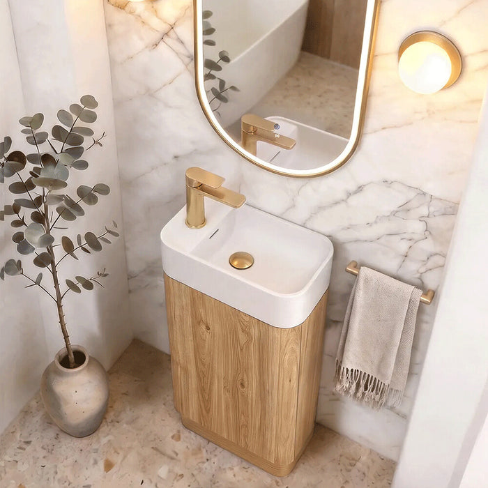 442*251*730mm Otti Maxi Space Saver Woodland Oak Fluted Curved Freestanding Vanity