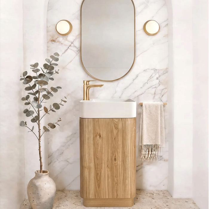 442*251*730mm Otti Maxi Space Saver Woodland Oak Fluted Curved Freestanding Vanity