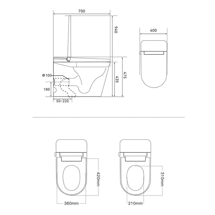 700*400*475mm Otti Attica Oskar Gloss White Ceramic Rimless Back To Wall Smart Toilet Suite