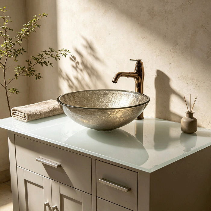 420*420*145mm Infinity Platinum Crackle Round Tempered Glass Above Counter Basin