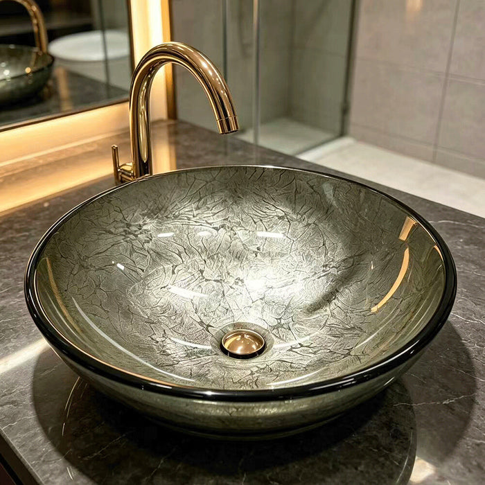 420*420*145mm Infinity Platinum Crackle Round Tempered Glass Above Counter Basin