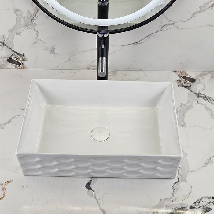 550*360*140mm Infinity Gloss White Rectangle Ceramic Scalloped Embossed Above Counter Basin