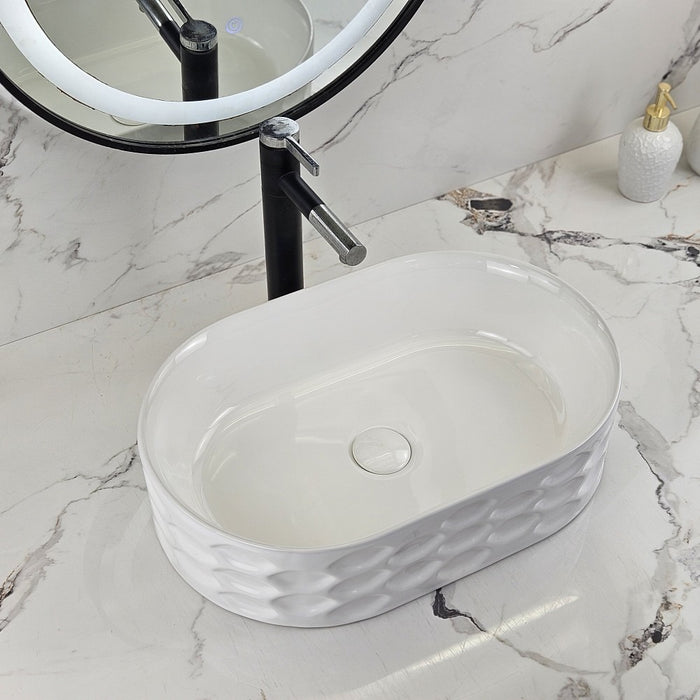 550*360*140mm Infinity Gloss White Oval Ceramic Scalloped Embossed Above Counter Basin