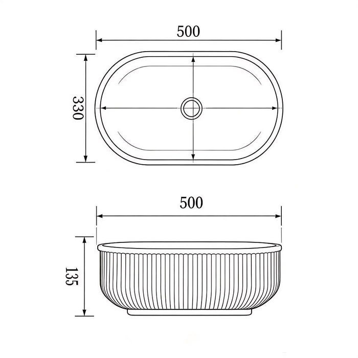 500*330*135mm Infinity Oval Ceramic Fluted Above Counter Basin