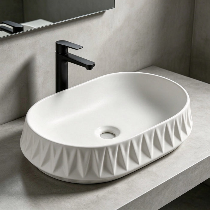 530*370*135mm Infinity Oval Ceramic Faceted Texture Above Counter Basin