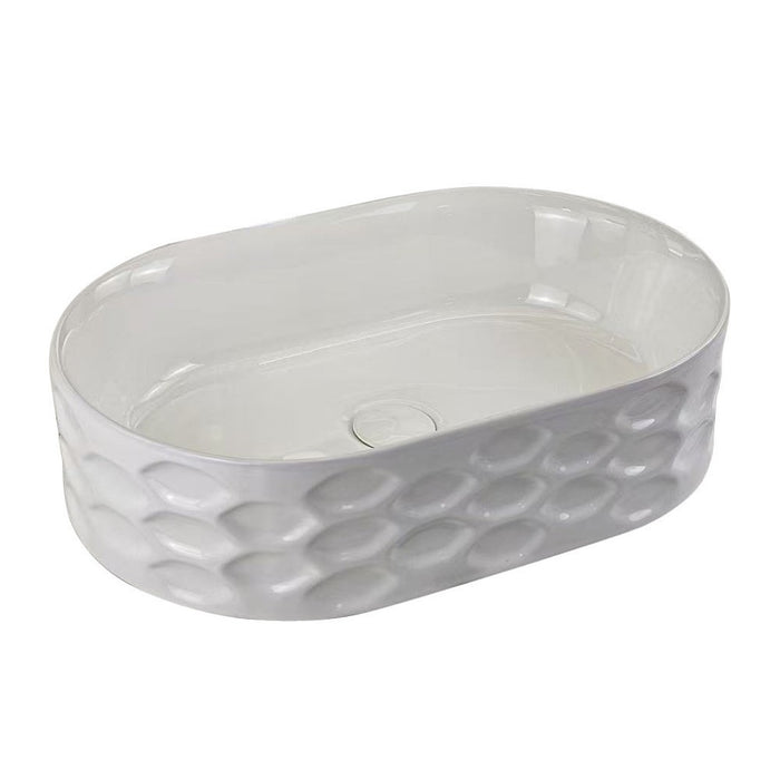 550*360*140mm Infinity Gloss White Oval Ceramic Scalloped Embossed Above Counter Basin