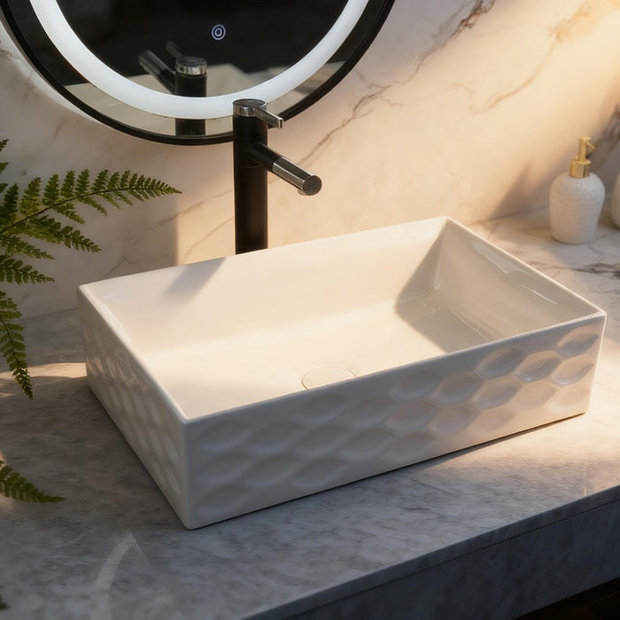 550*360*140mm Infinity Gloss White Rectangle Ceramic Scalloped Embossed Above Counter Basin