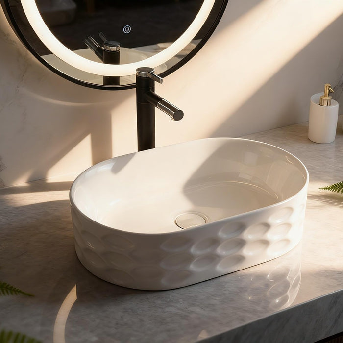 550*360*140mm Infinity Gloss White Oval Ceramic Scalloped Embossed Above Counter Basin